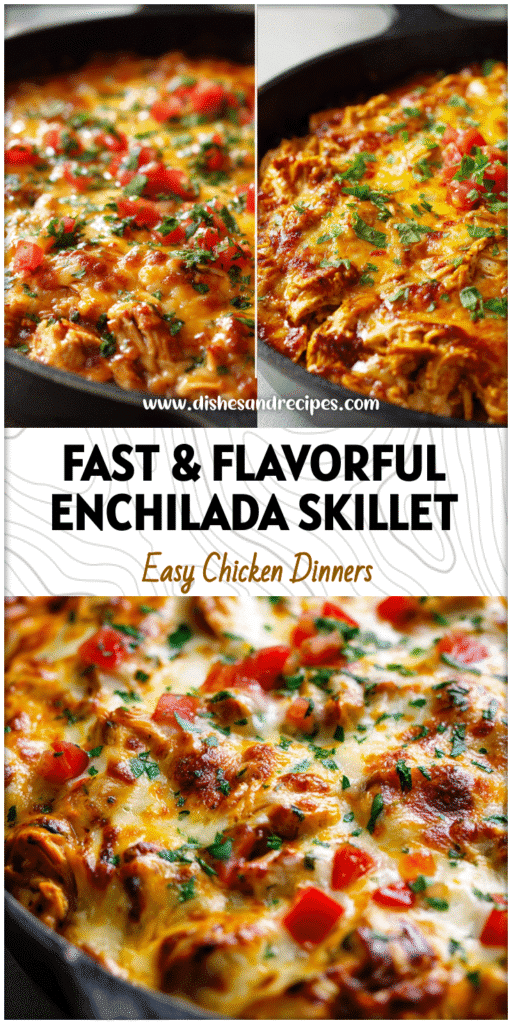 Close-up of chicken enchilada skillet with melted cheese, salsa, and chopped herbs.